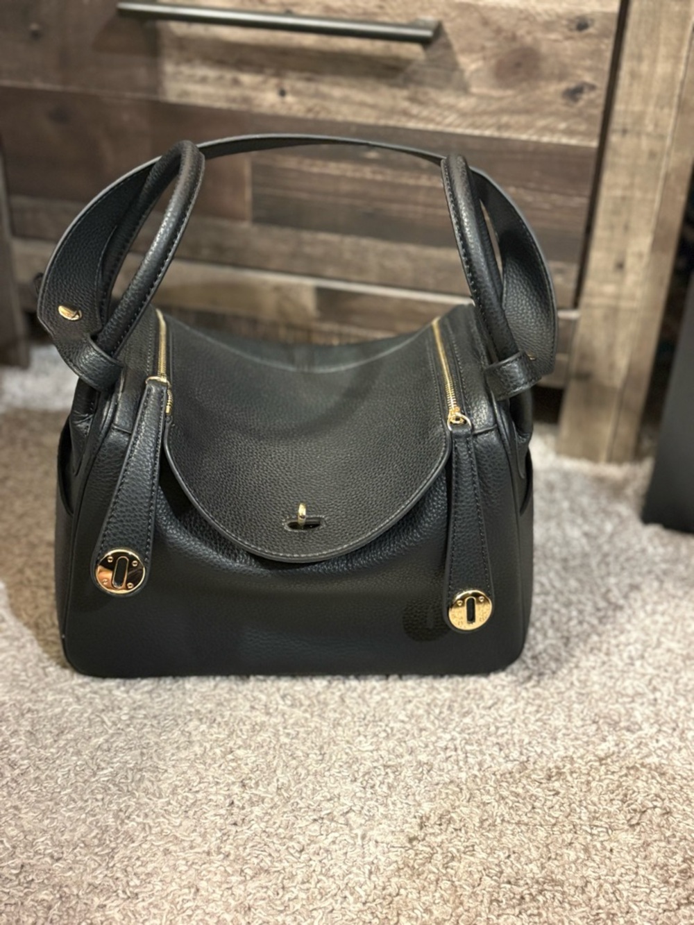 Black Leather Shoulder Bag with Gold Hardware